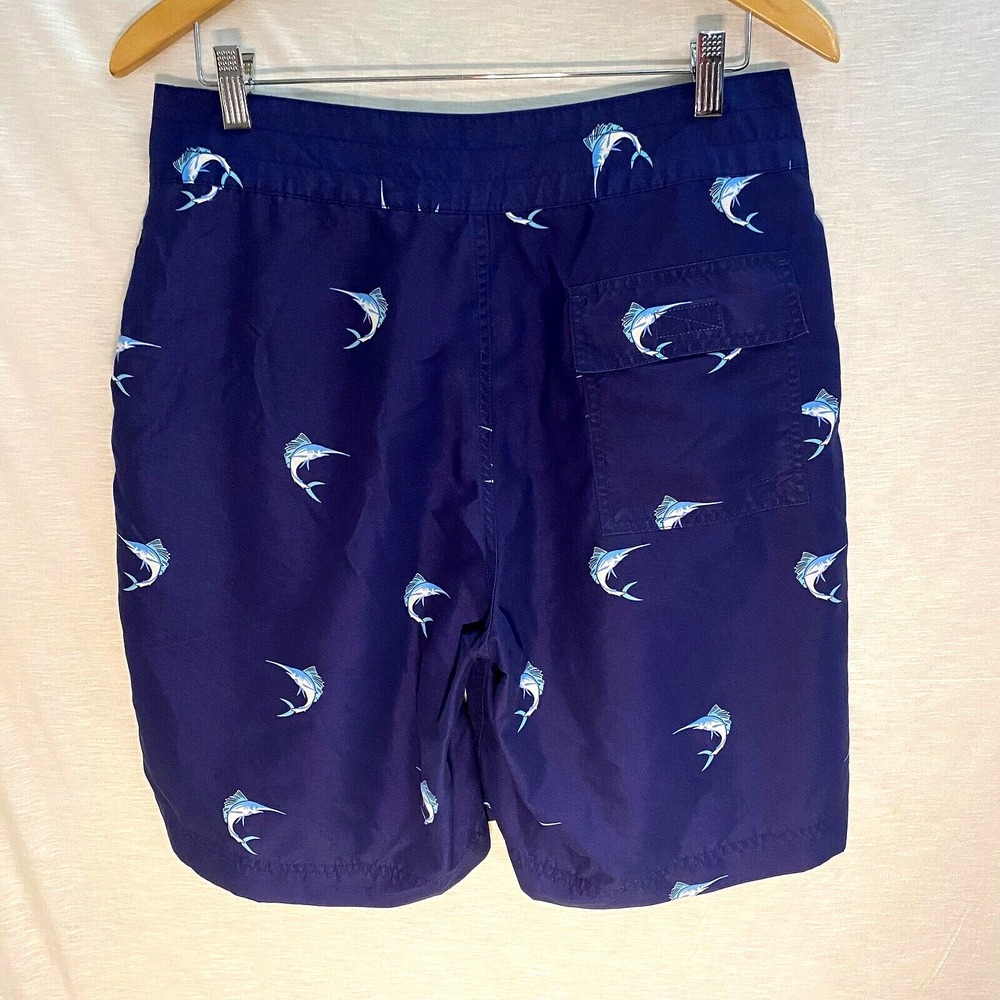 J Crew Men's Board Shorts Swimsuit Size 33 Navy Swordfish Print - Picture 2 of 11